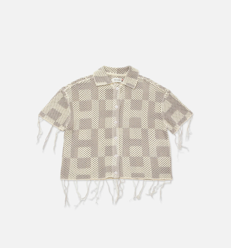 Crochet Button Down Mens Short Sleeve Shirt - Stone