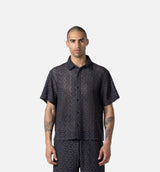 Crochet Button Up Mens Short Sleeve Shirt - Black