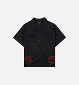Roses Woven Button Up Womens Short Sleeve Shirt - Black/Red