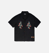 Magic Embroidered Button Down Mens Short Sleeve Shirt - Black