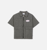 Boxy Striped Work Button Up Mens Short Sleeve Shirt - Black/White