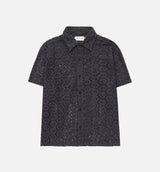 Crochet Button Up Mens Short Sleeve Shirt - Black