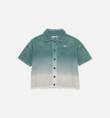 Crochet Ombre Button Up Womens Short Sleeve Shirt - Green