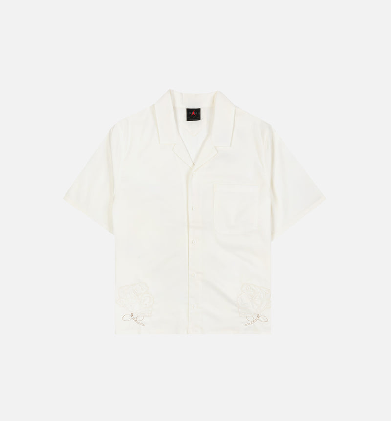 Woven Embroidered Rose Womens Short Sleeve Shirt - Sail