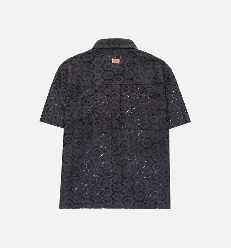 Crochet Button Up Mens Short Sleeve Shirt - Black