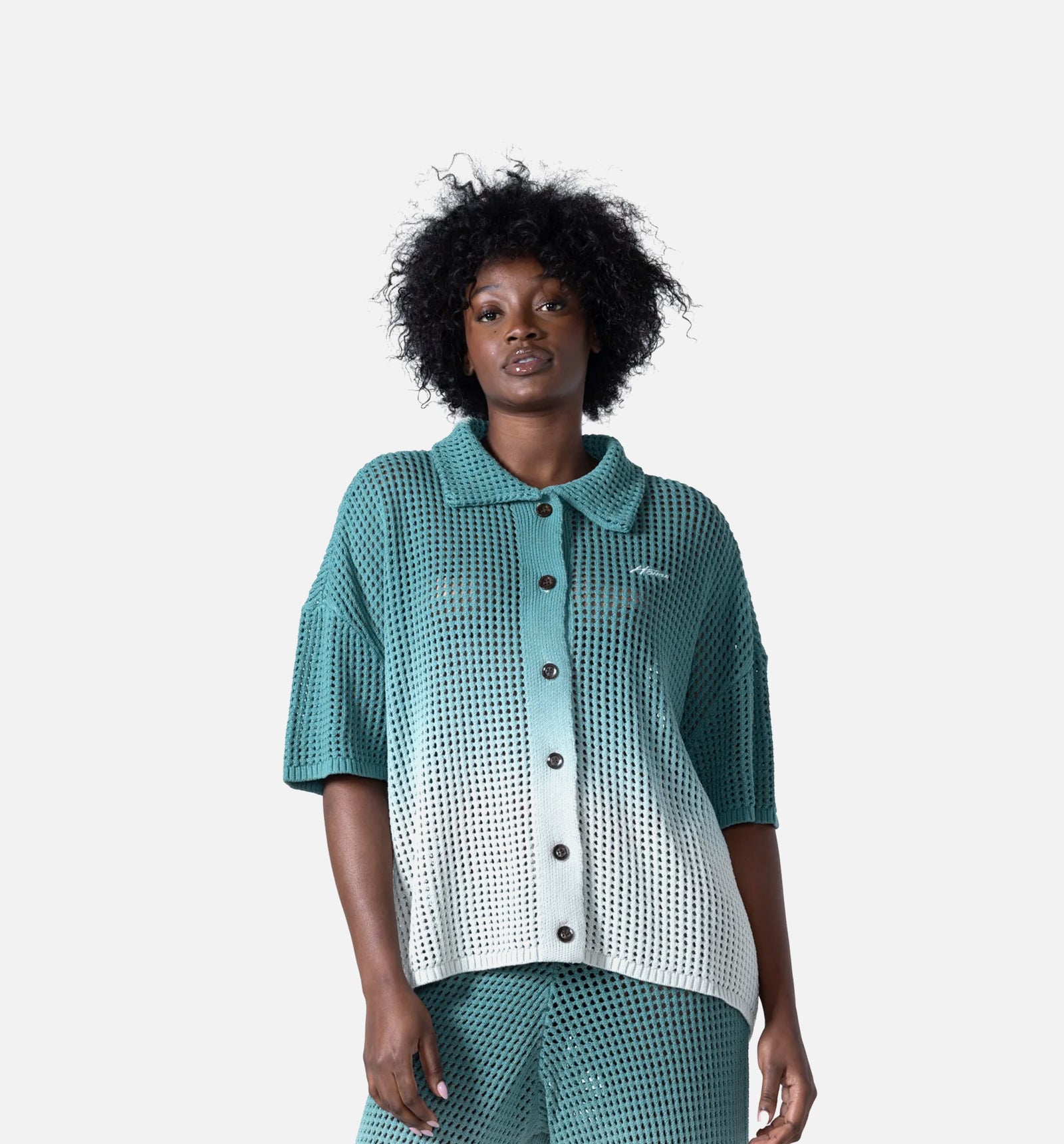 Honor WHTG250230 Crochet Ombre Button Up Womens Short Sleeve Shirt