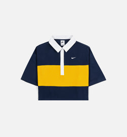 NIKE IB2153-410
 NSW Oversized Polo Top Womens Short Sleeve Shirt - Midnight Navy/Dark Sulphur/White/White Image 0
