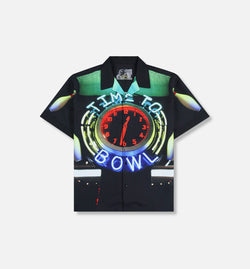 PLEASURES P25SU059-BLACK
 Big Lebowski Time To Bowl Button Up Mens Short Sleeve Shirt - Black/Red Image 0