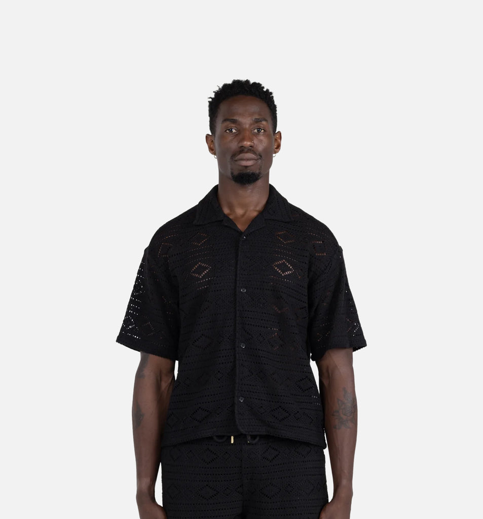 Hella tulle embroidery shirt ブラック Honor HTG260220003-BLK Pointelle Crochet Mens Short Sleeve Shirt