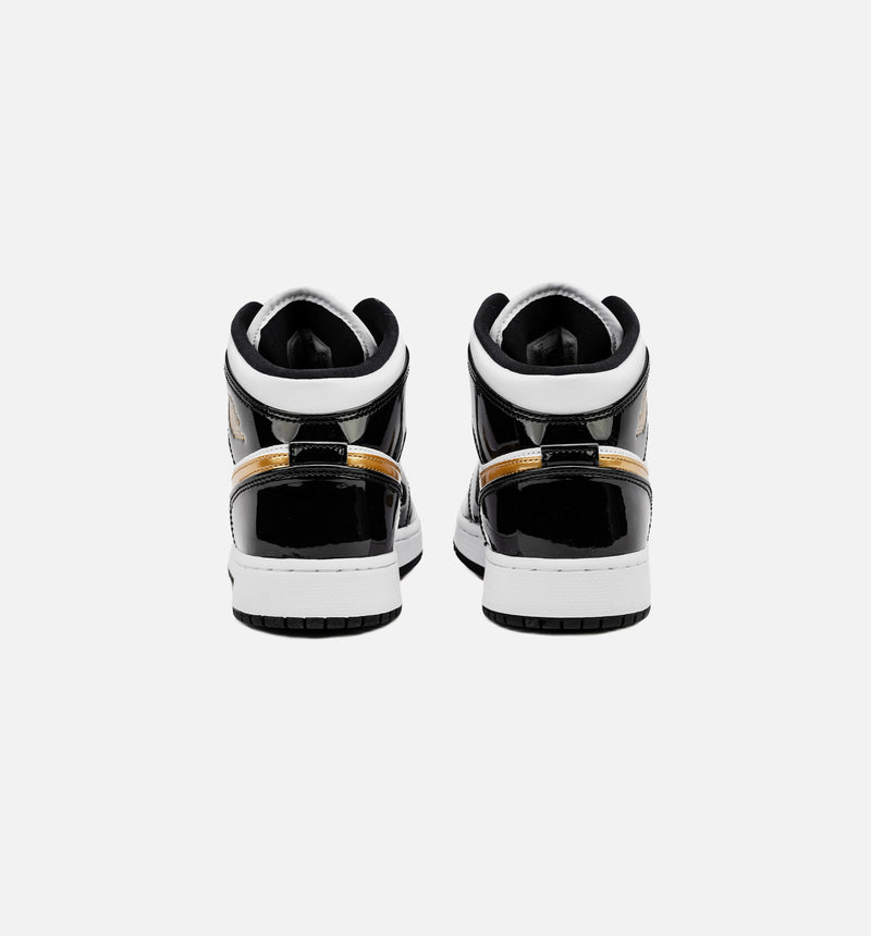 Air Jordan 1 Retro Mid SE Patent Black Gold Grade School Lifestyle Shoe - Black/Gold